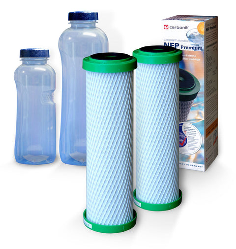 2 Stück NFP Premium Carbonit Wasserfilter plus 2 Trinkflaschen
