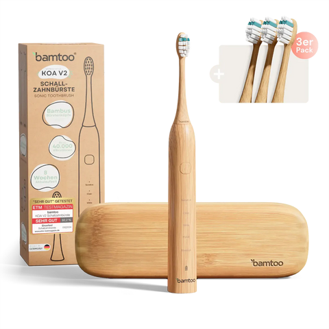Bamtoo KOA V2 nachhaltige Schallzahnbürste + 3 Bürstenköpfe Pro 3D Set + Reiseetui