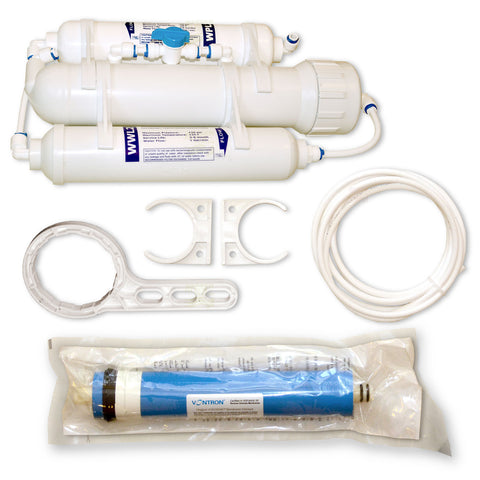 3-stage reverse osmosis filter 100 GPD for aquarium, small with flush valve