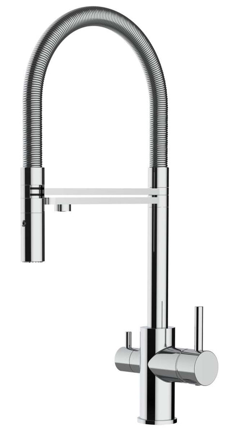 Design Drei-Wege-Design-Küchen-Armatur Levanto Chrom mit Spiralfeder und Brausekopf