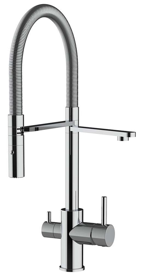Design Drei-Wege-Design-Küchen-Armatur Levanto Chrom mit Spiralfeder und Brausekopf