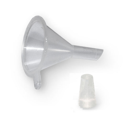 Parts set, funnel and plug for filter granule refill